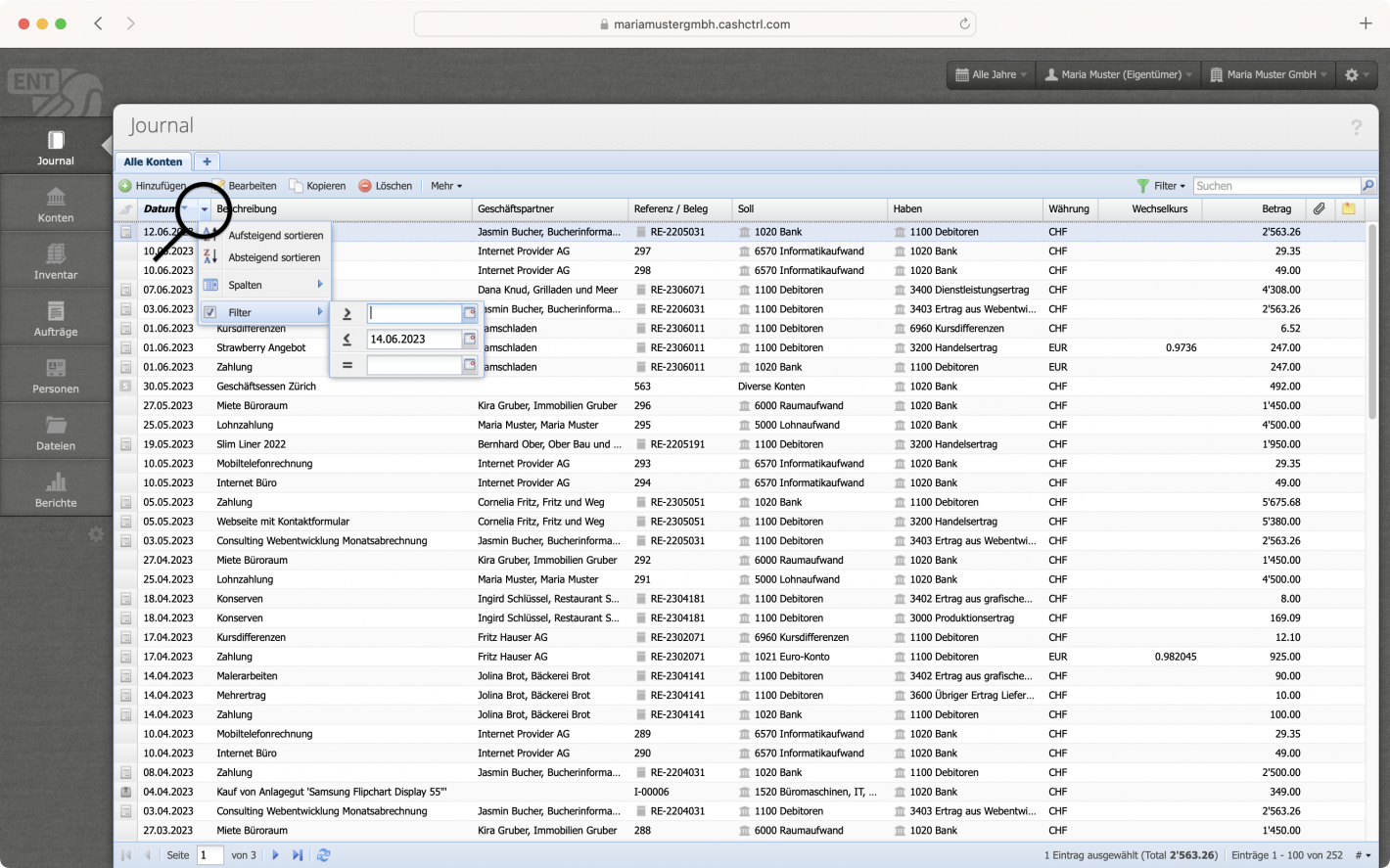 Screenshot of the journal in CashCtrl with column filter and sorting functions