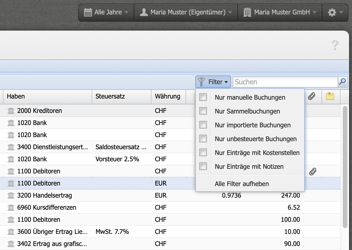 Screenshot of a journal section with the filter dropdown menu