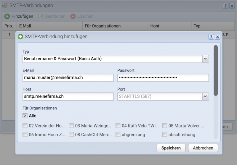 Screenshot der Benutzerprofil Einstellungen mit dem SMTP Reiter