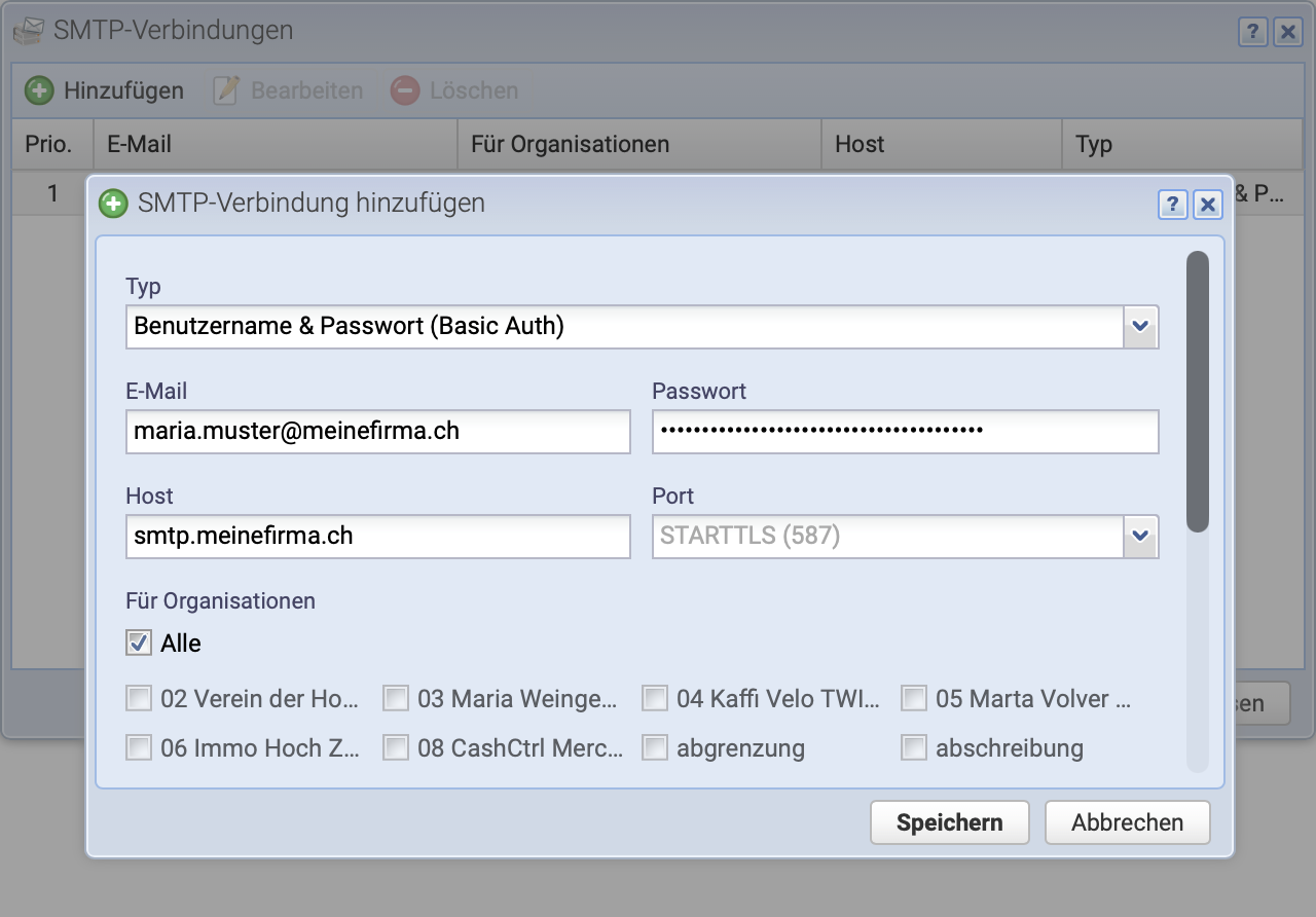 Screenshot der Benutzereinstellungen f&uuml;r die Einrichtung des SMTP Servers f&uuml;r den Emailversand in CashCtrl