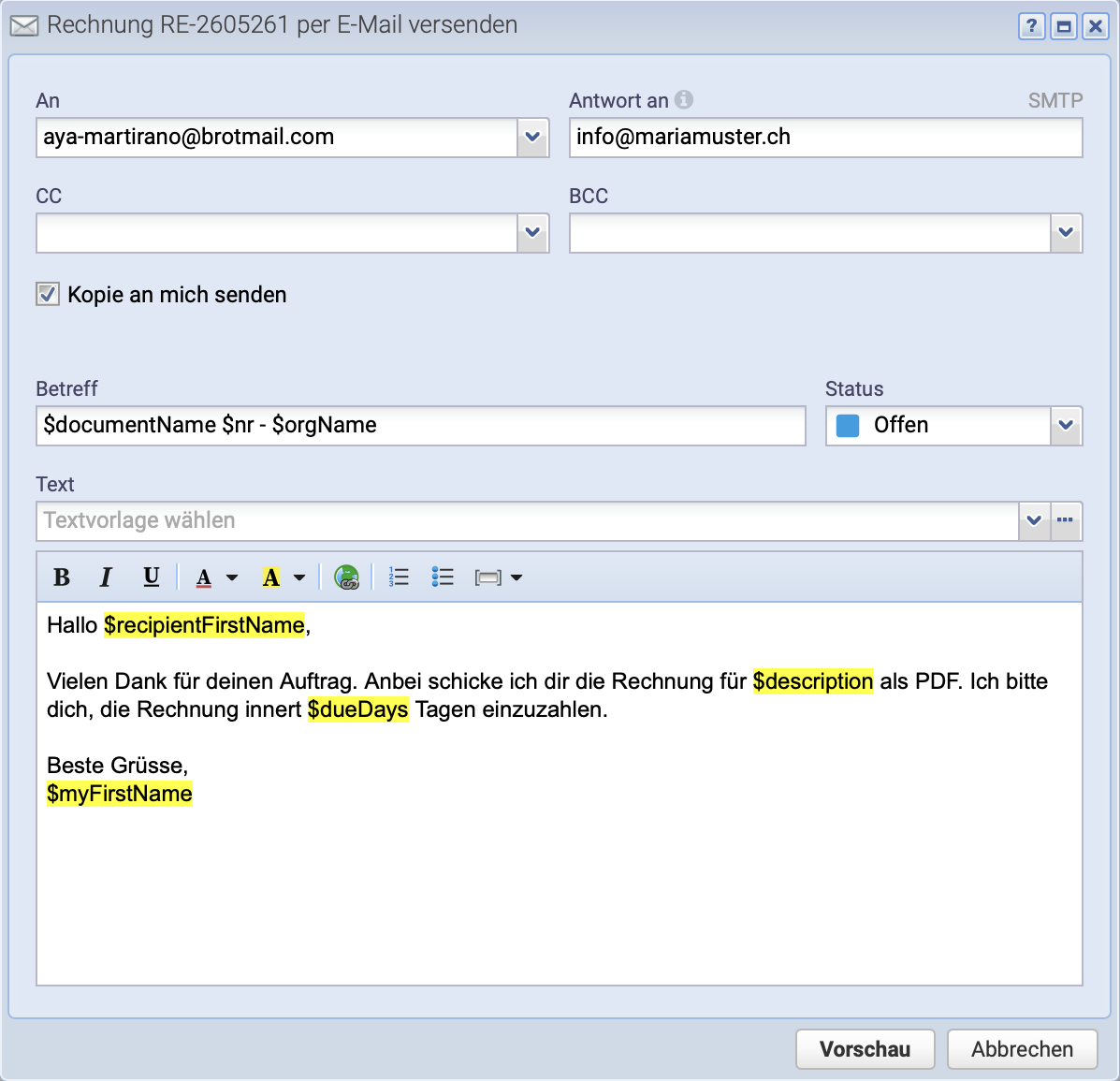 Screenshot des Entwurf Dialogs beim Versand von Dokumenten per Email aus CashCtrl