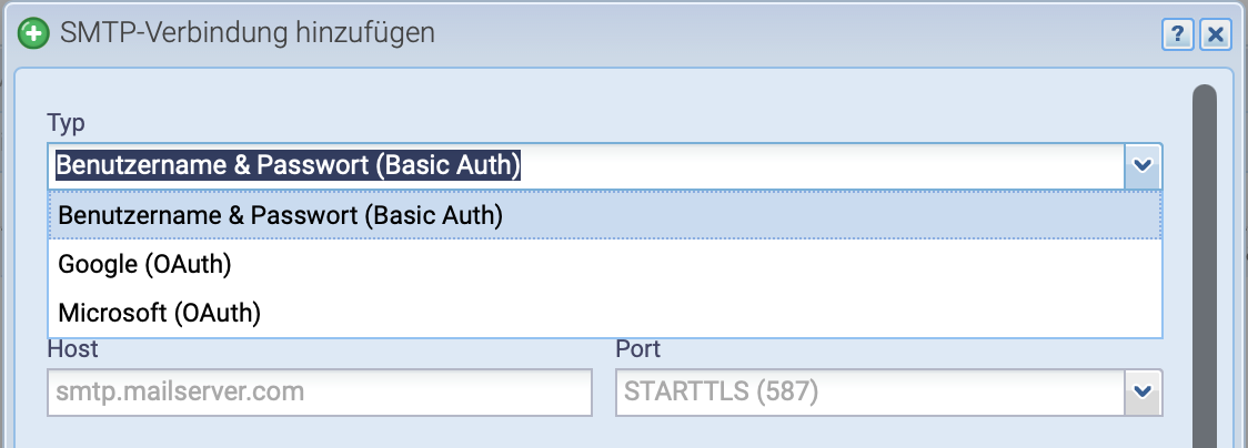Screenshot des SMTP Verbindung Hinzuf&uuml;gen Dialog mit den verschiedenen Verbindungstypen, die zur Auswahl stehen in CashCtrl
