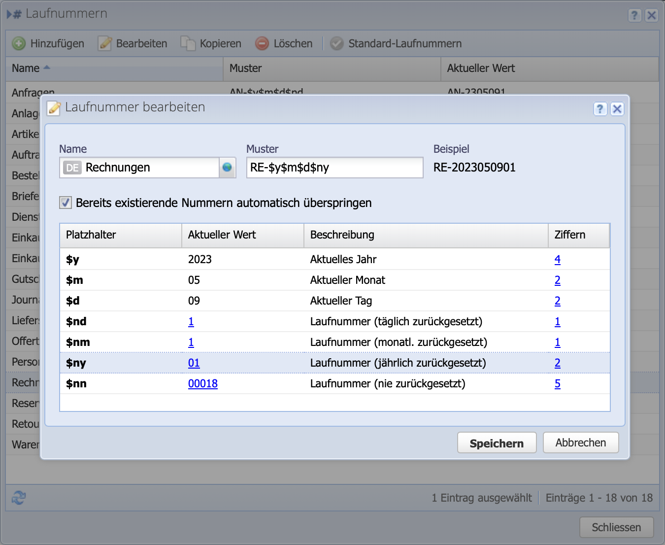 Screenshot of the sequence number settings