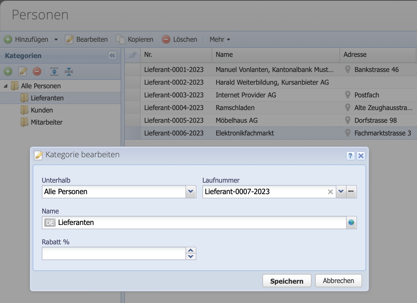 Screenshot of the assignment of a customer number for a person category