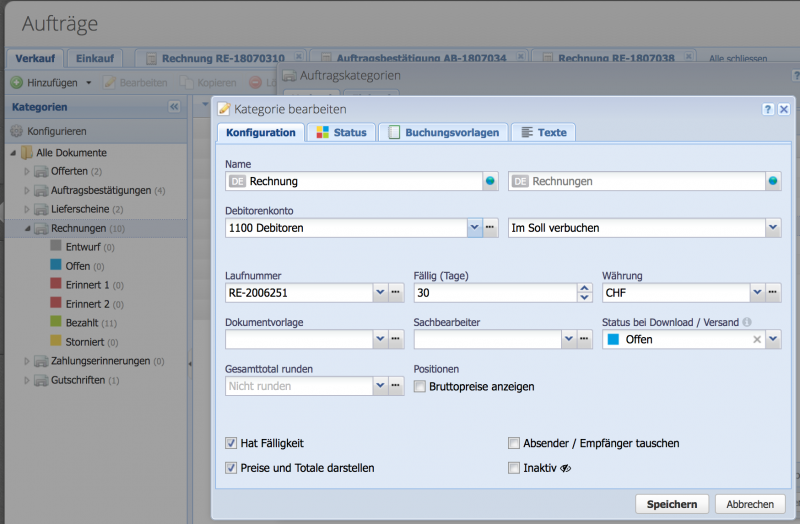 Screenshot of the configuration of an order category in CashCtrl