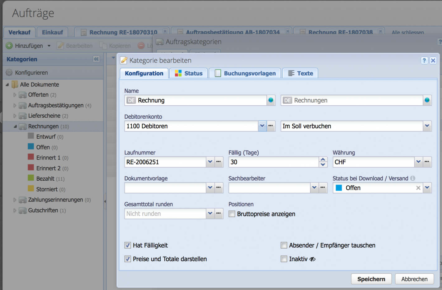 Screenshot of the settings dialog of the Invoice order category, where the sequence number is set.