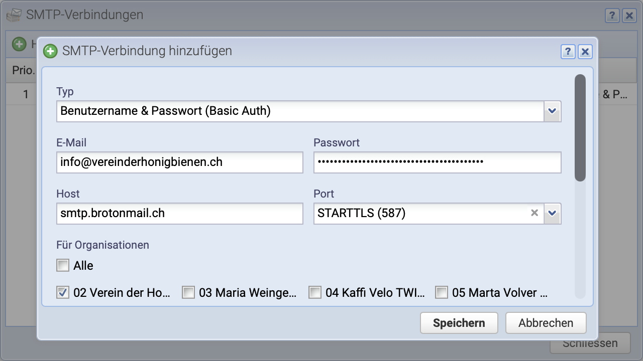 Screenshot: SMTP Konfiguration CashCtrl