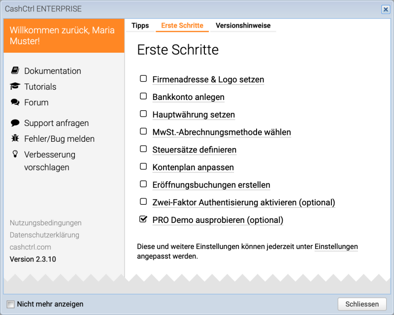 Screenshot der Erste Schritte Checkliste beim Einrichten von CashCtrl
