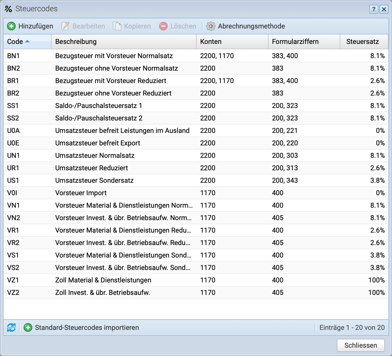 Screenshot der Steuers&auml;tze Einstellungen