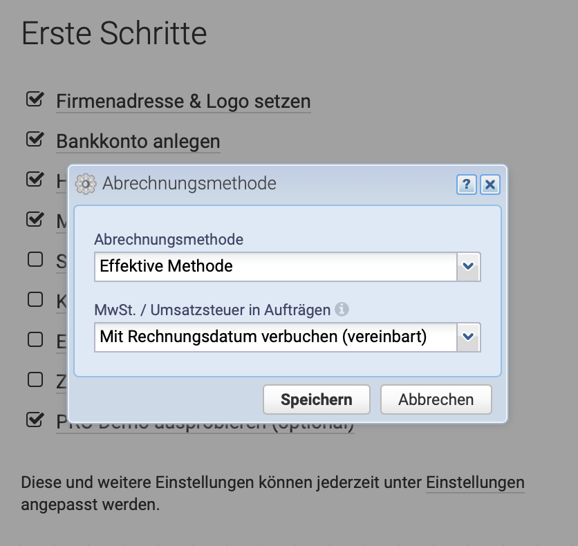 Screenshot of the Getting Started Checklist with the setting of sales tax method agreed or received