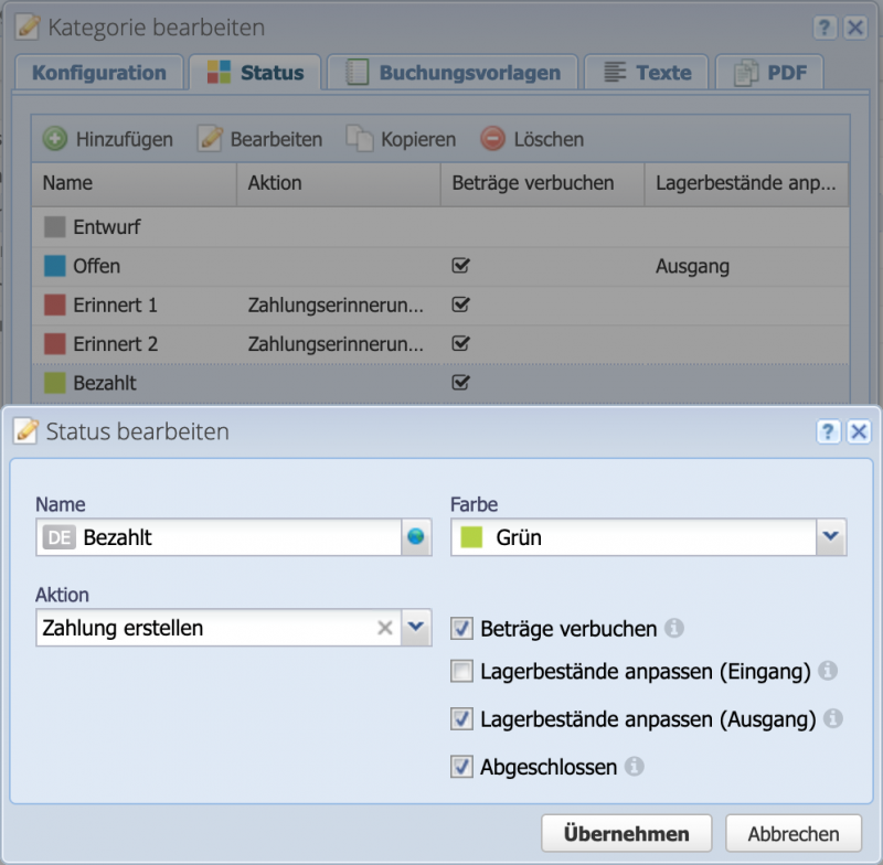 Screenshot of the order category status editing window
