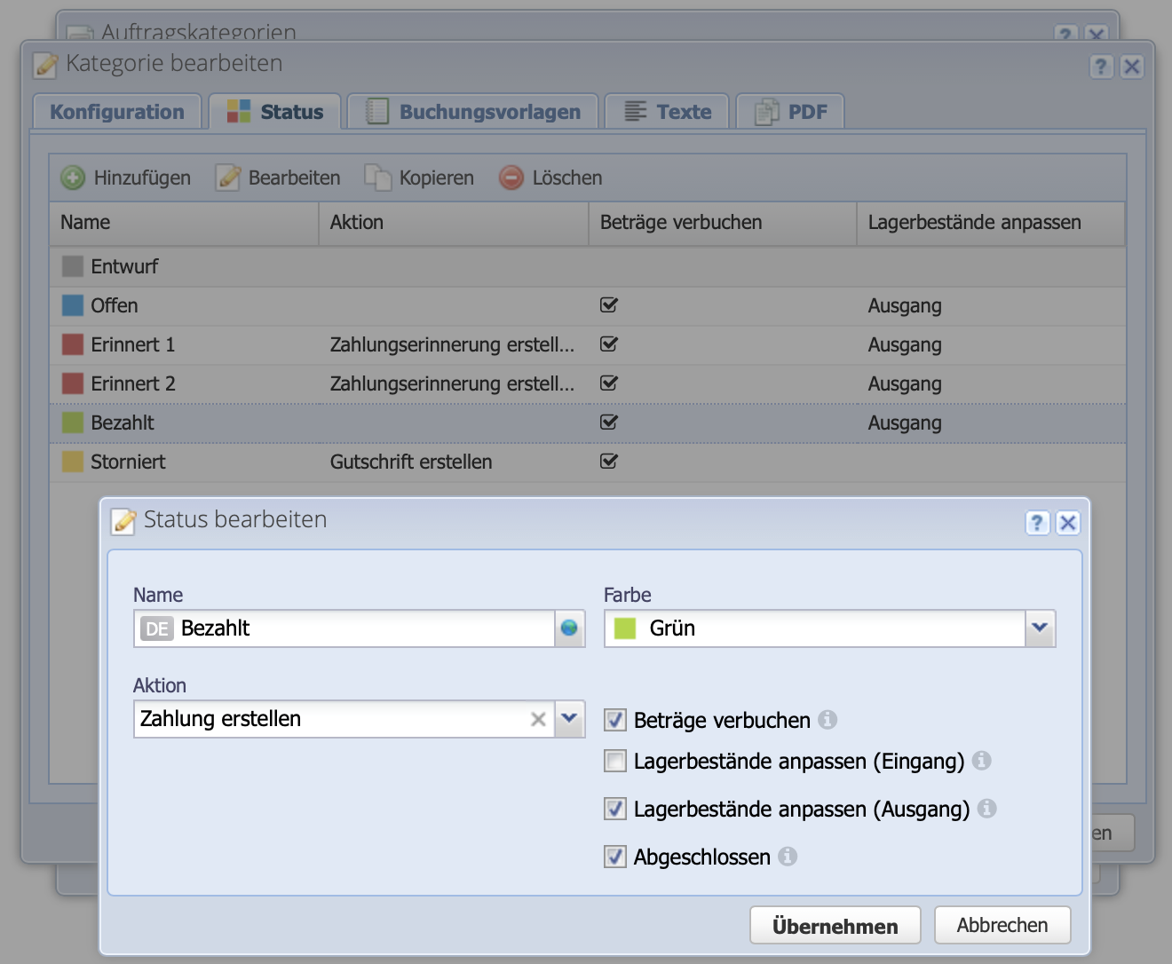 Screenshot of the status tab in the order category dialog