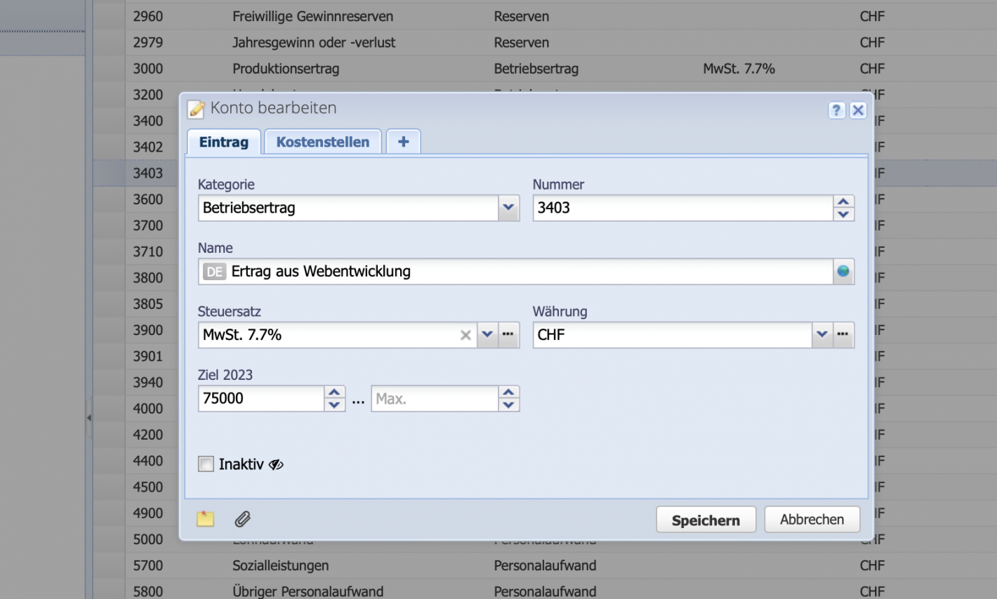 Screenshot of the edit dialog of an account where targets can be defined