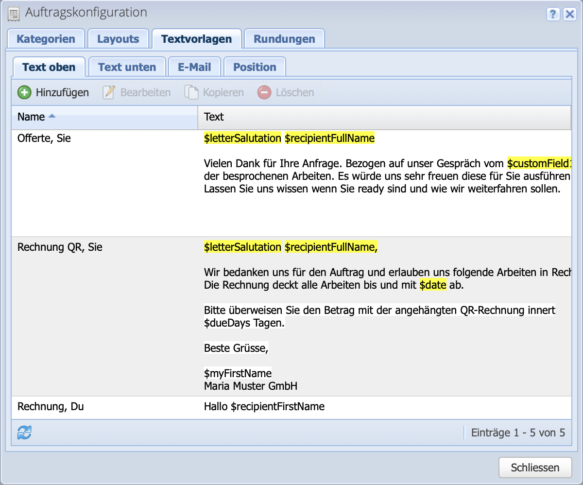 Screenshot der Textvorlagen Übersicht