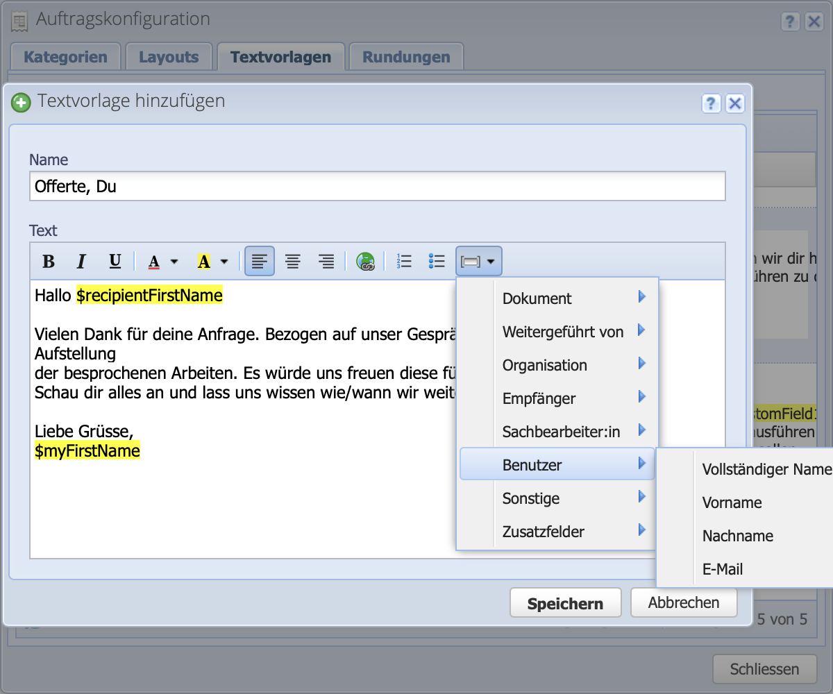 Screenshot des Hinzufügen Dialogs für Textvorlagen