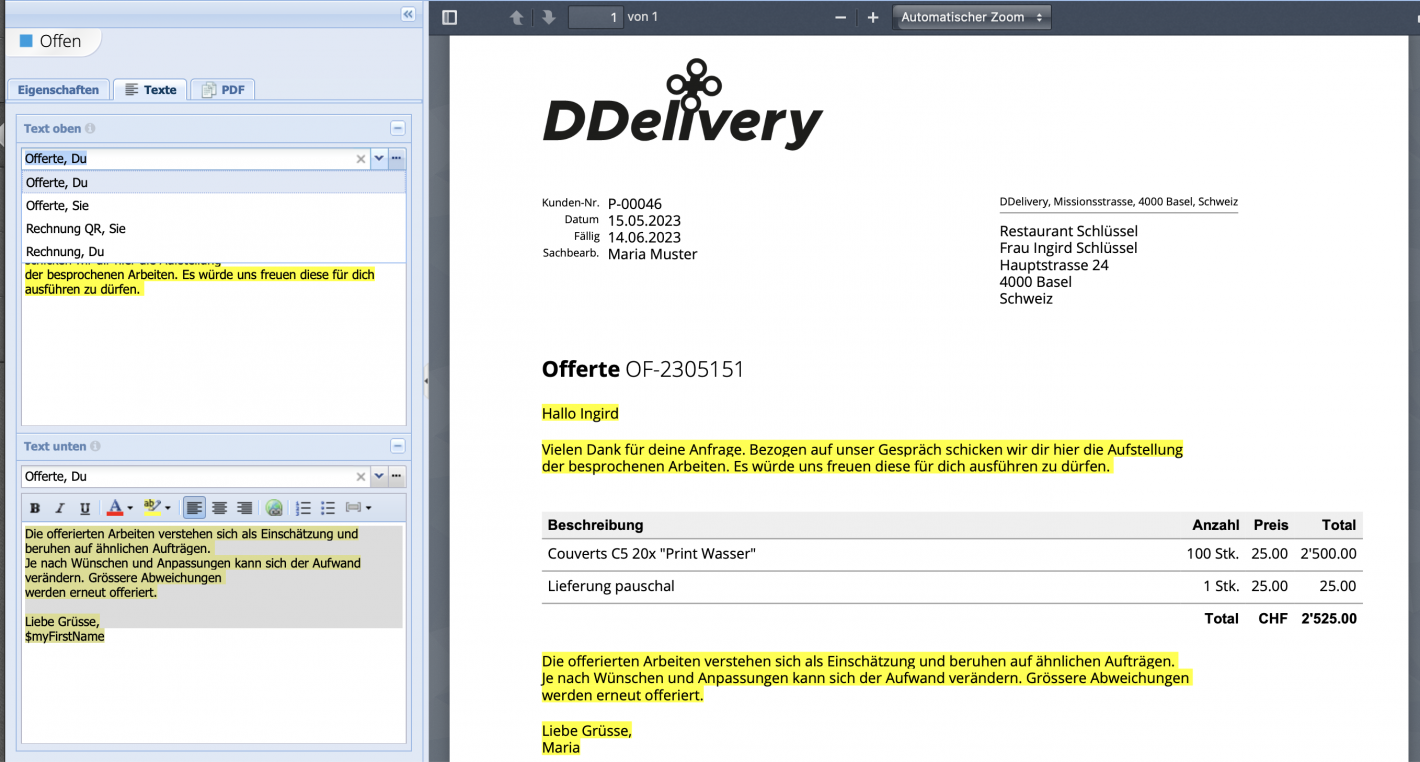 Screenshot des Auswahlfelds für Textvorlagen und der PDF Vorschau