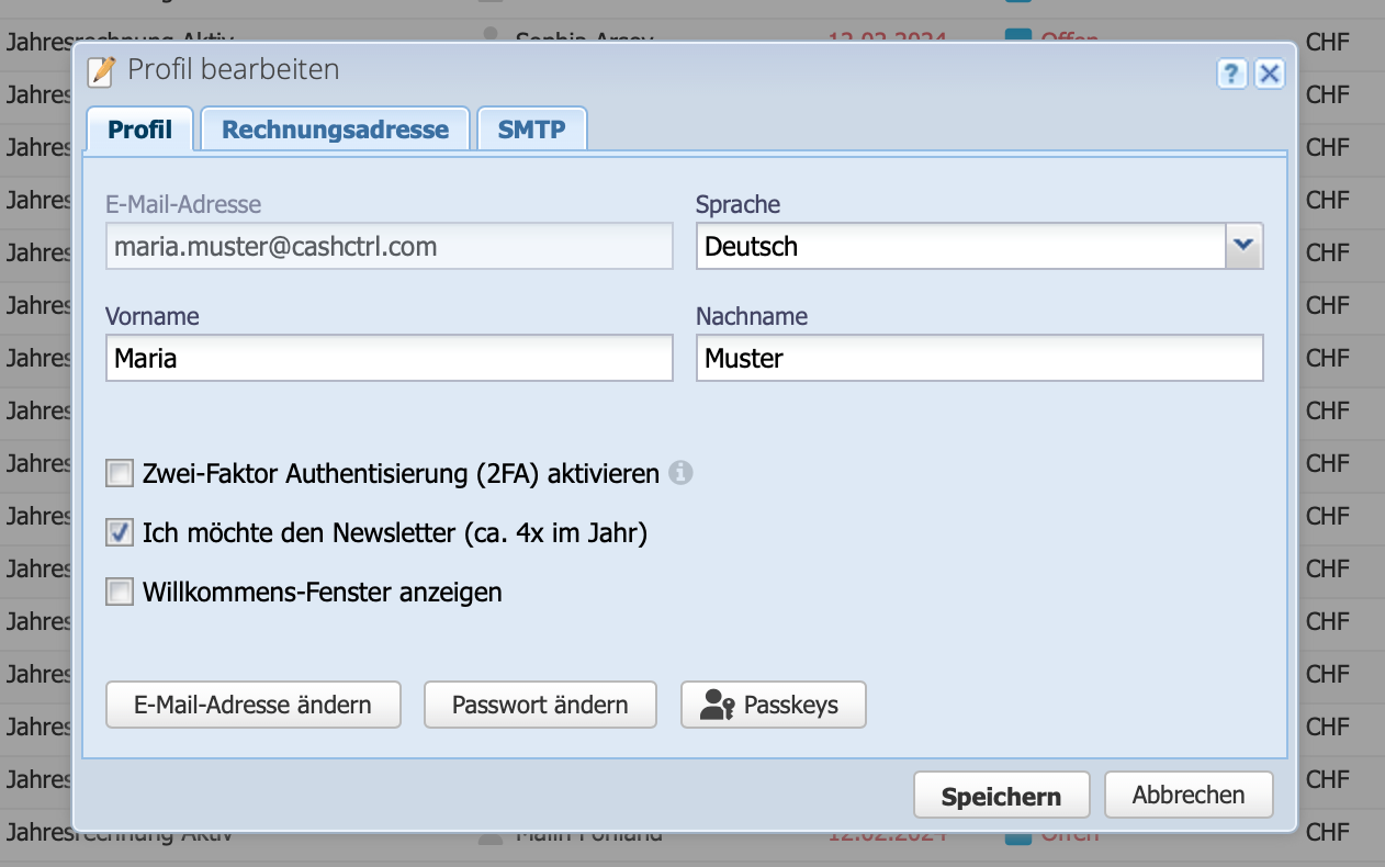Screenshot der Benutzer Einstellungen