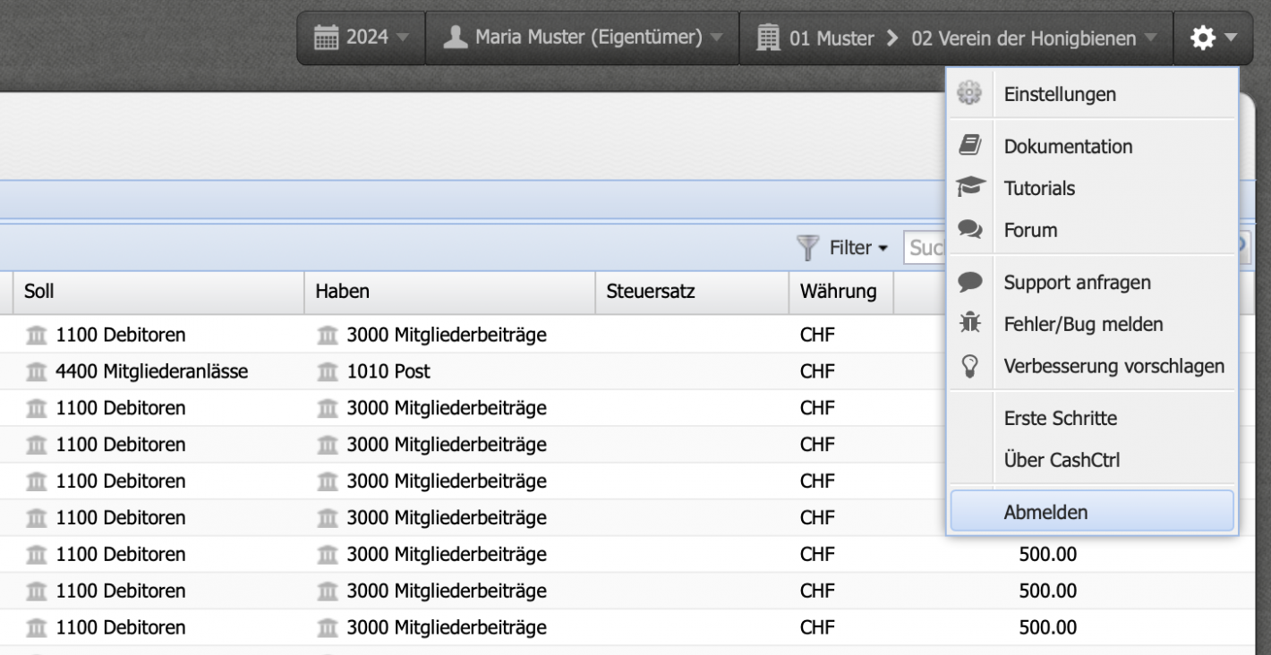 Screenshot des Einstellungen Men&uuml;s mit dem Abmelden Button