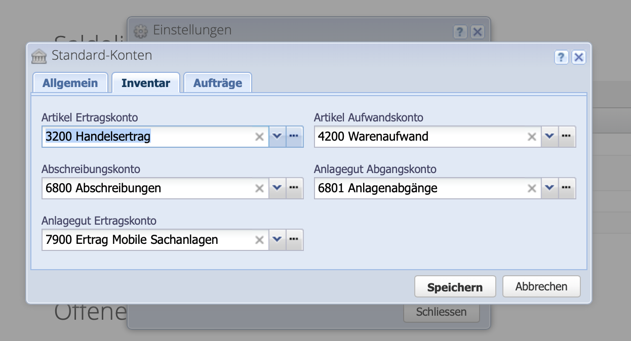 Screenshot of the default accounts settings with the Inventory tab for assigning the default account for expense, revenue and for fixed assets depreciation and sales.