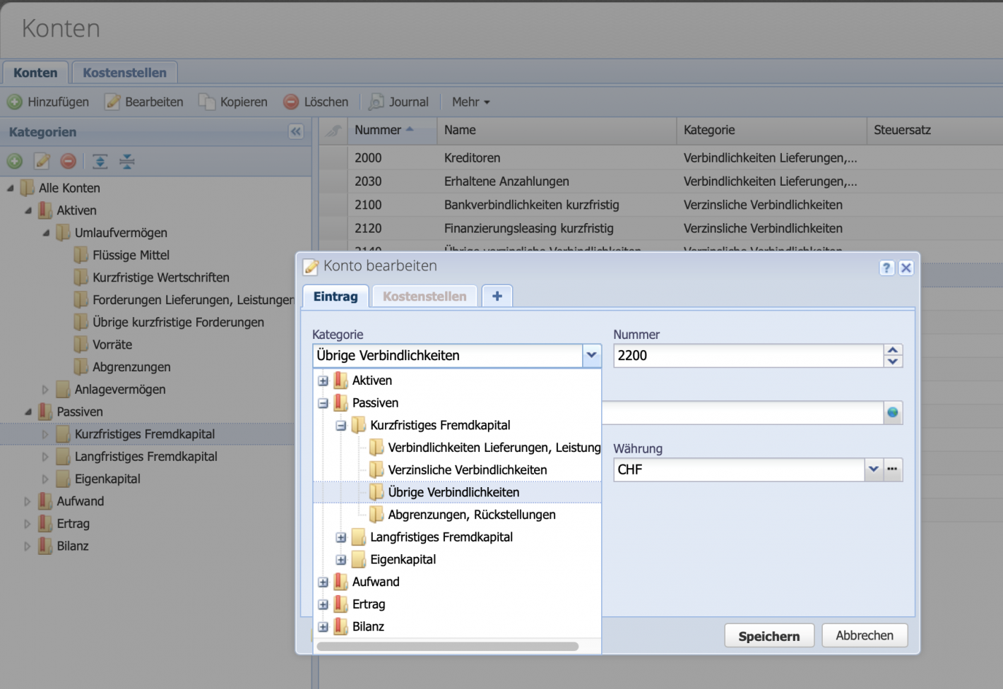 Screenshot of the edit dialog of an account with the dropdown menu for selecting the category