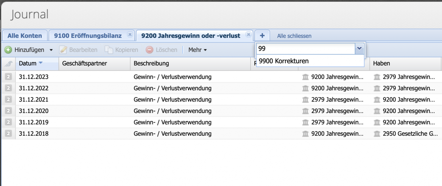 Screenshot of the journal with the opened account journals of 9100 opening balance, 9200 annual profit or loss and 9900 corrections.
