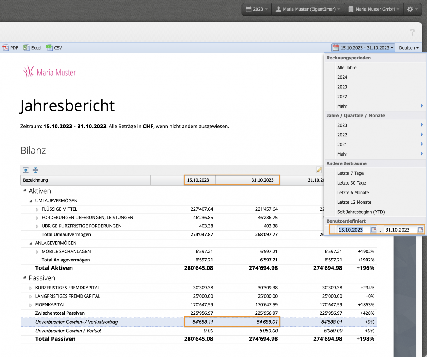 Screenshot of the Reports module with the dropdown to select the time period