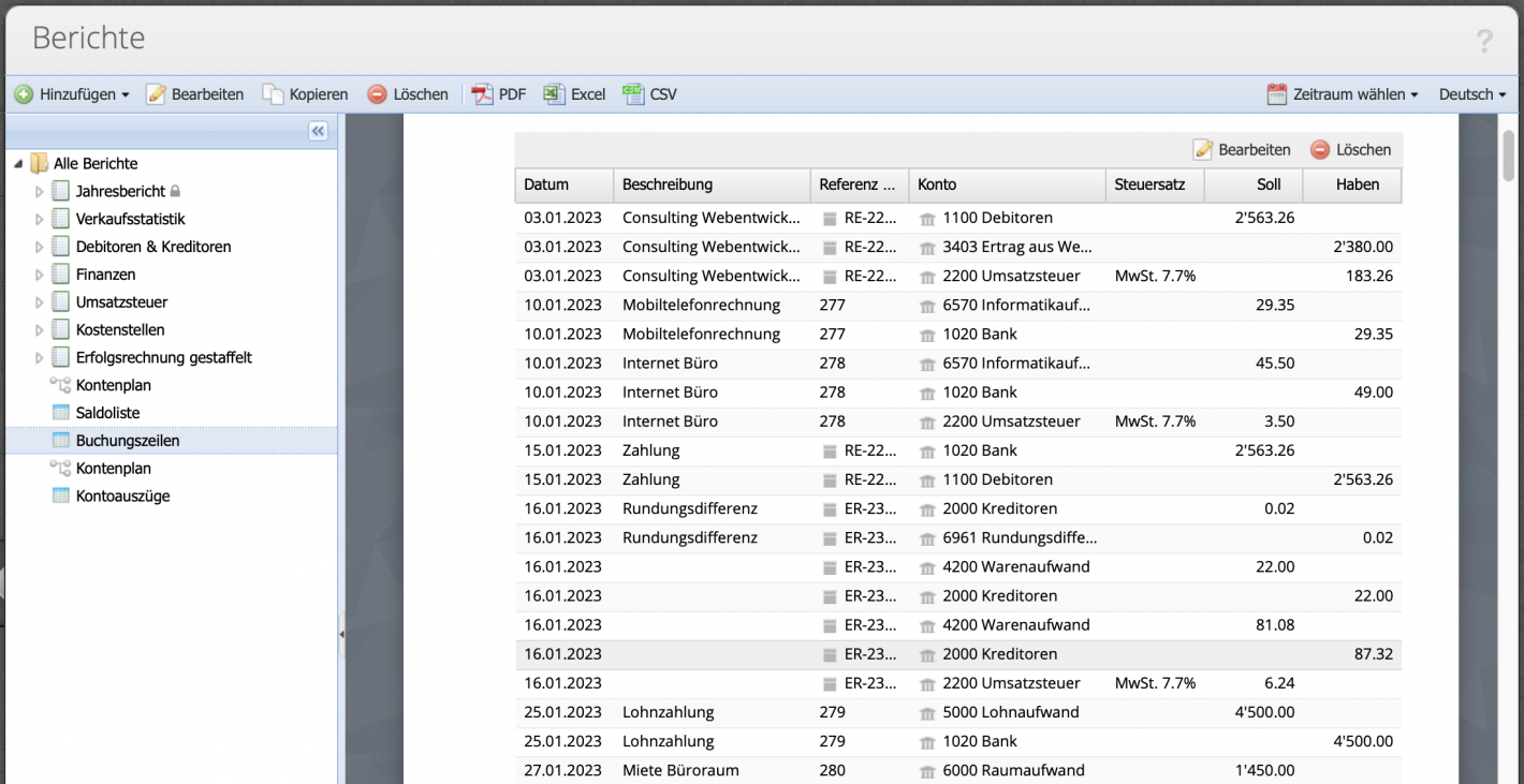 Screenshot of the booking lines report