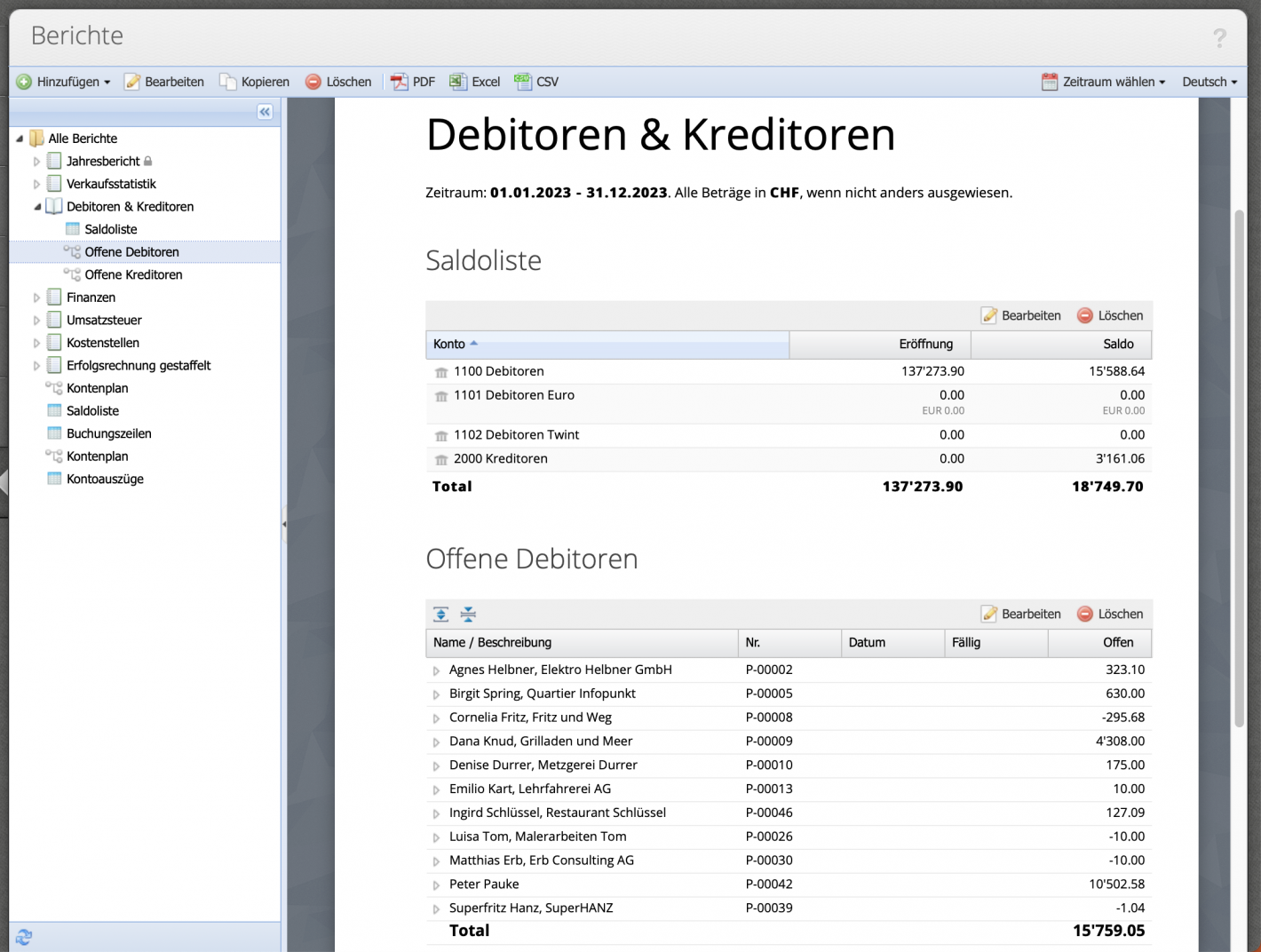 Screenshot of the Debtors & Creditors report in CashCtrl