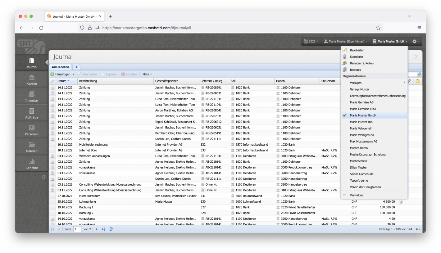 Screenshot CashCtrl Journal mit Menü der verwalteten Organisationen