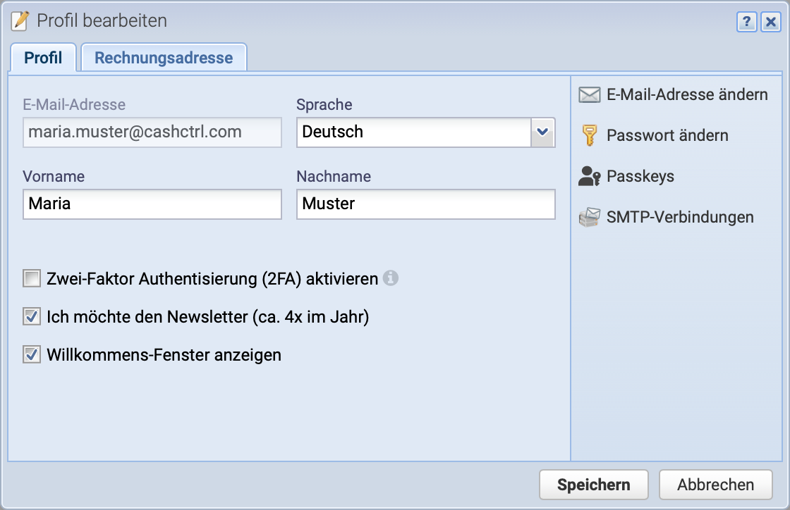 Screenshot der Benutzerprofil Einstellungen zur Einrichtung der 2FA