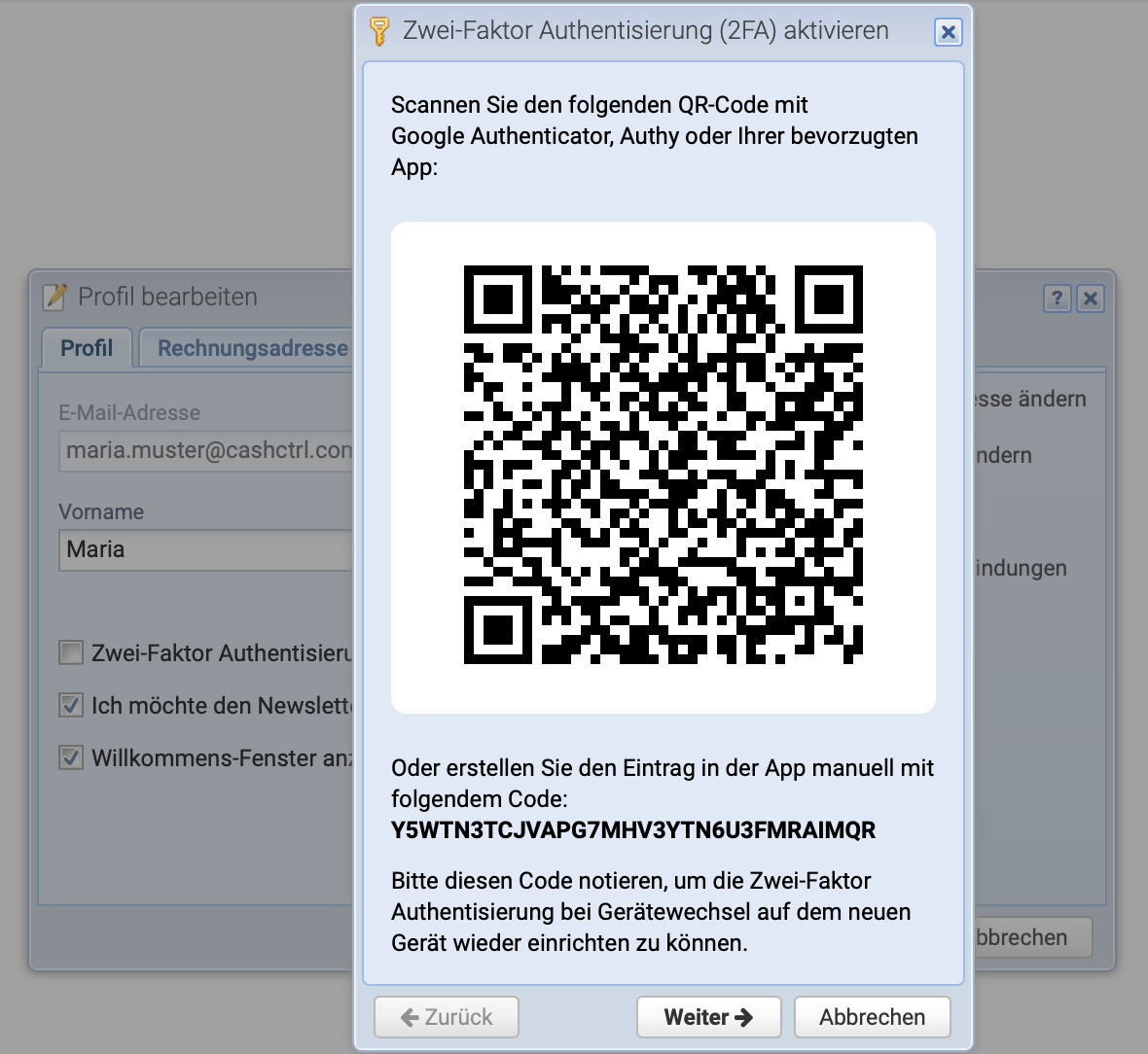 Screenshot der Einrichtung der Zwei-Faktor-Authentisierung mit QR Code