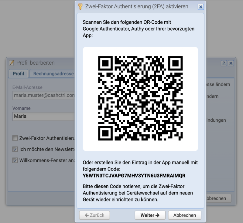 Screenshot der Zwei-Faktor-Authentisierung