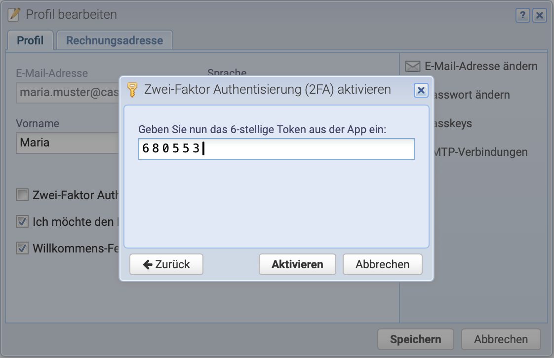 Screenshot des Input Felds f&uuml;r das Zwei Faktor Token