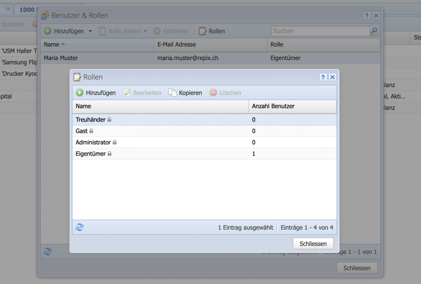 Screenshot of available users in a CashCtrl account.