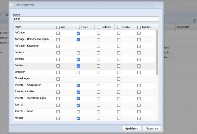 Screenshot dialog settings of a user role in CashCtrl