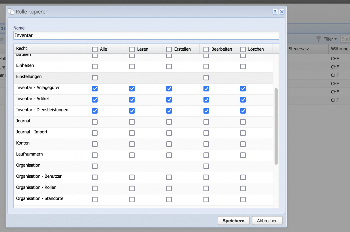 Screenshot of a user role in CashCtrl.