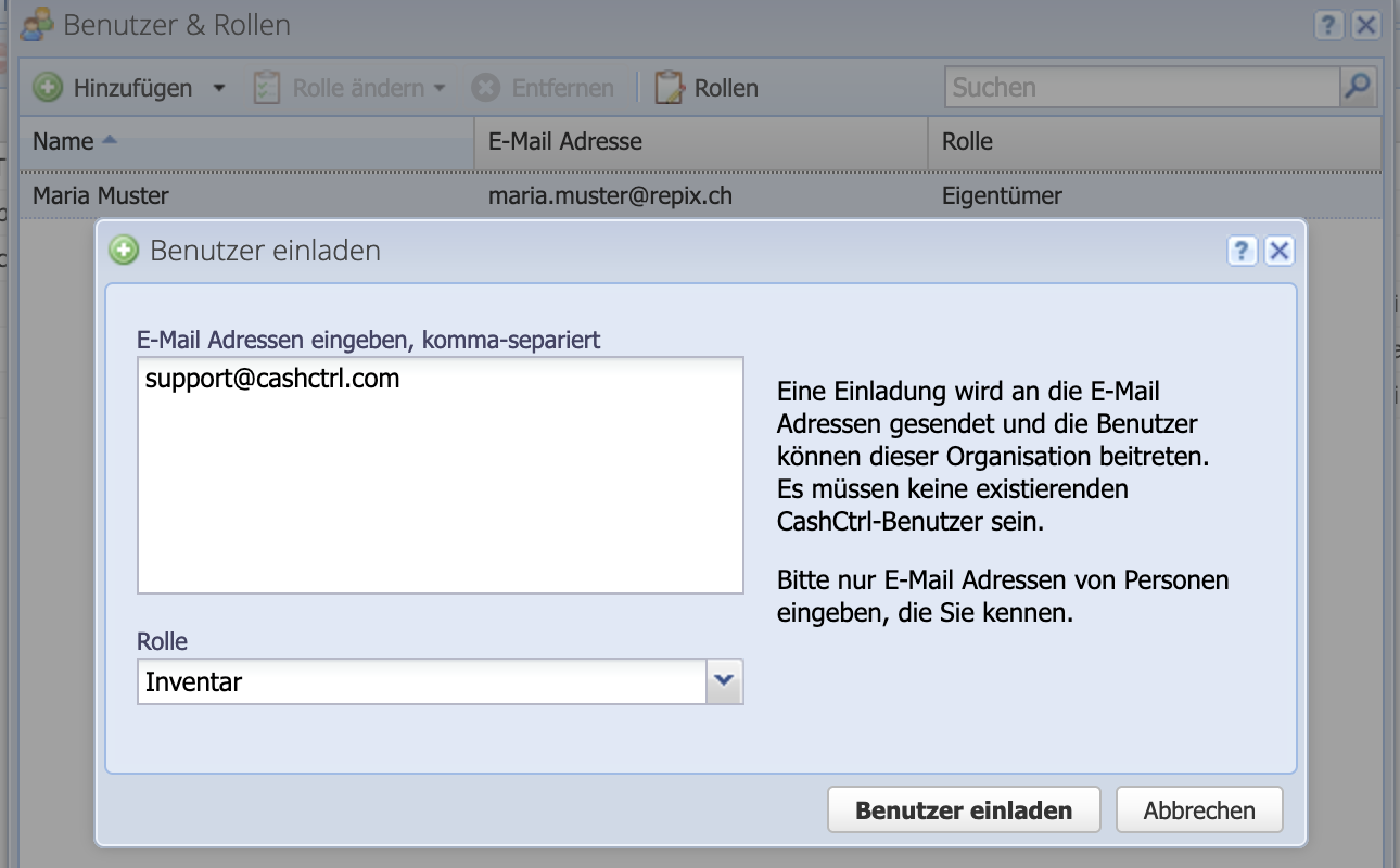 Screenshot dialog to invite new users.