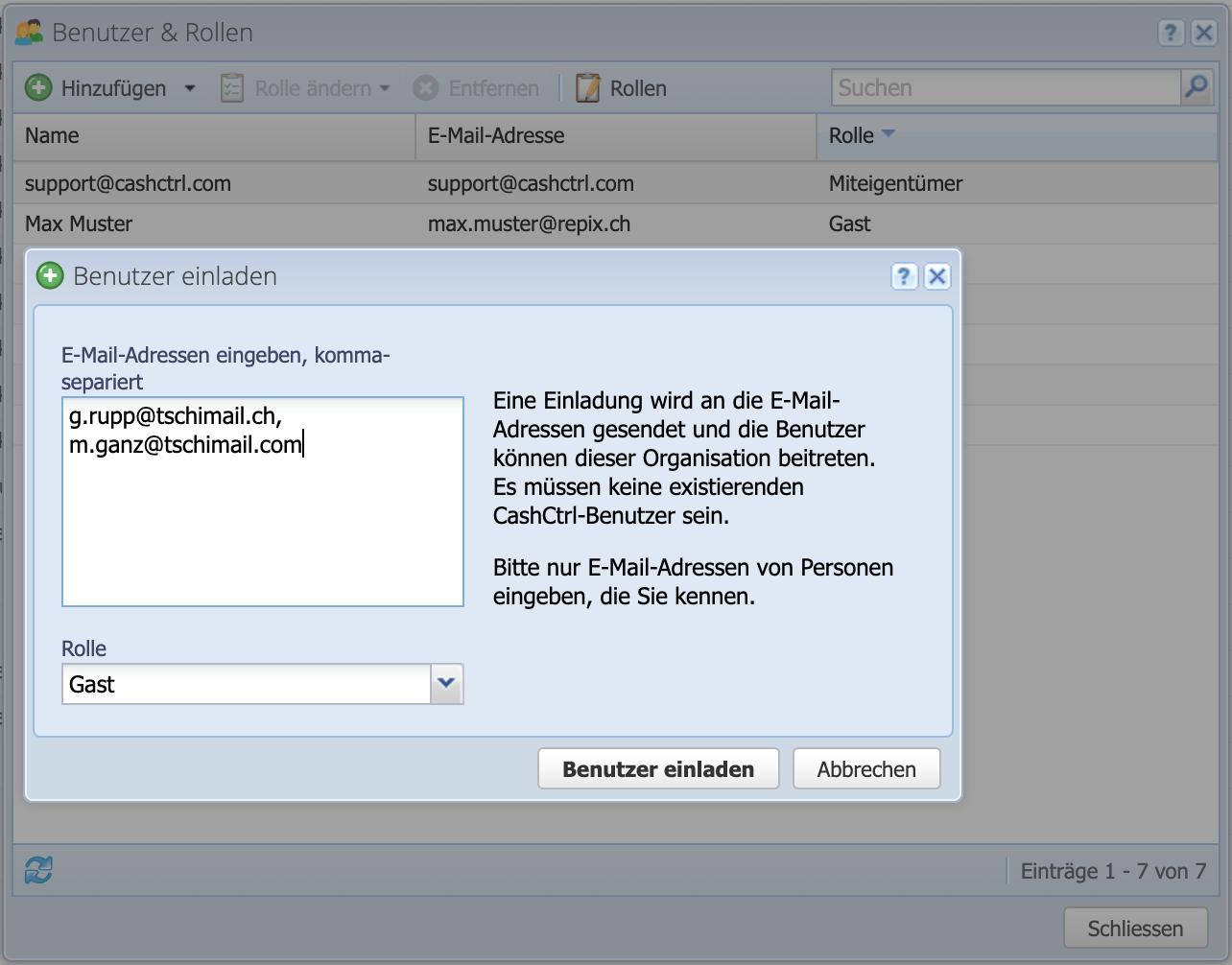 Screenshot: Invite users menu