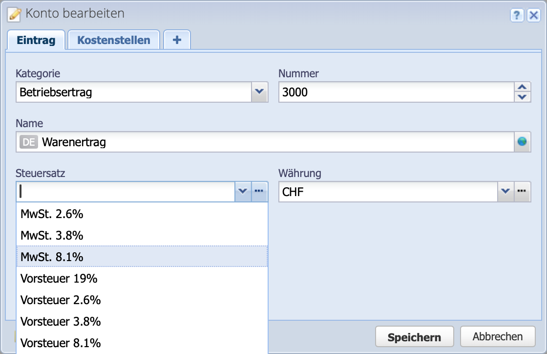 Screenshot der Zuweisung eines Steuersatzes für ein Ertragskonto