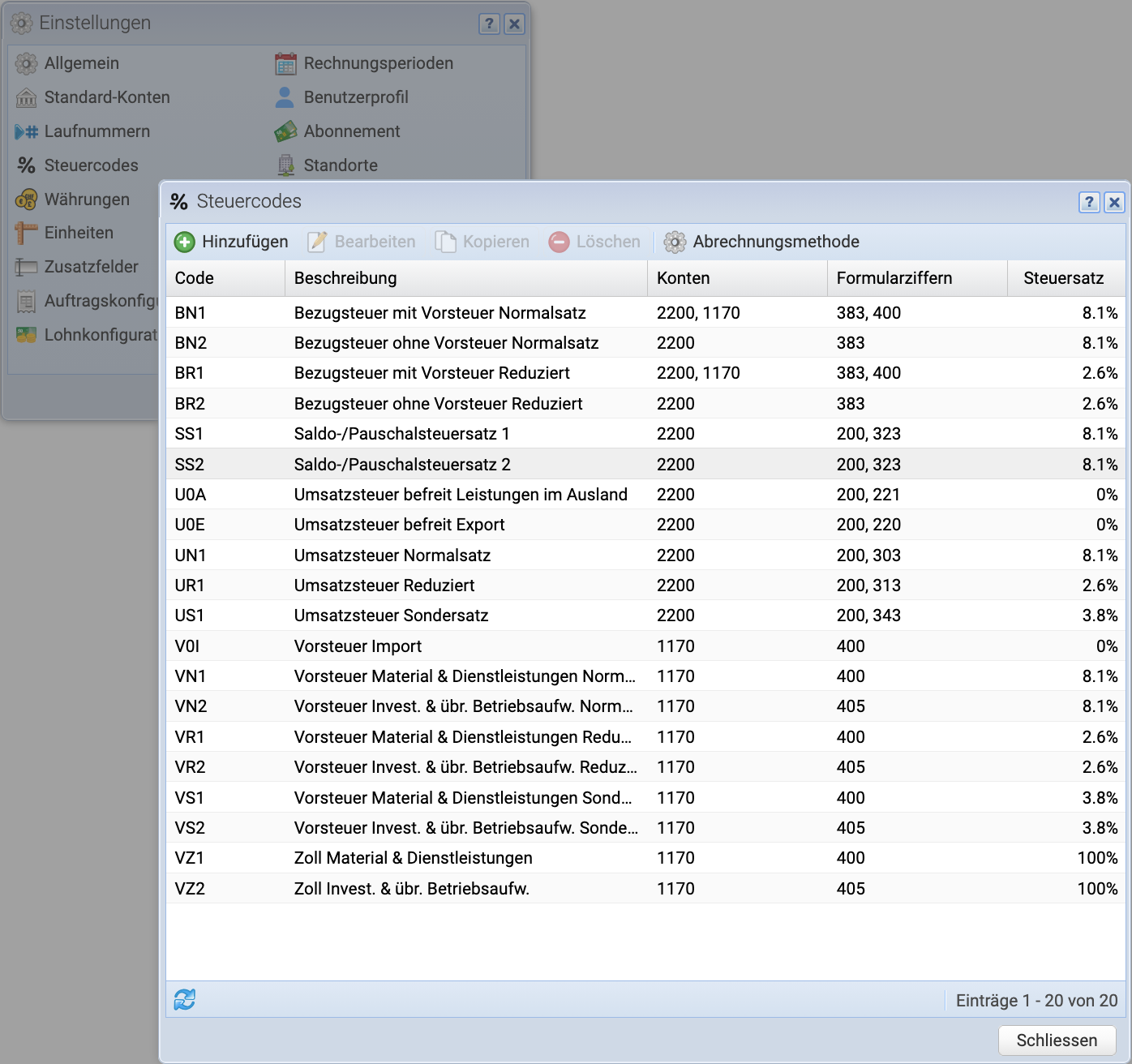 Screenshot of the tax code overview showing the 20 default tax codes