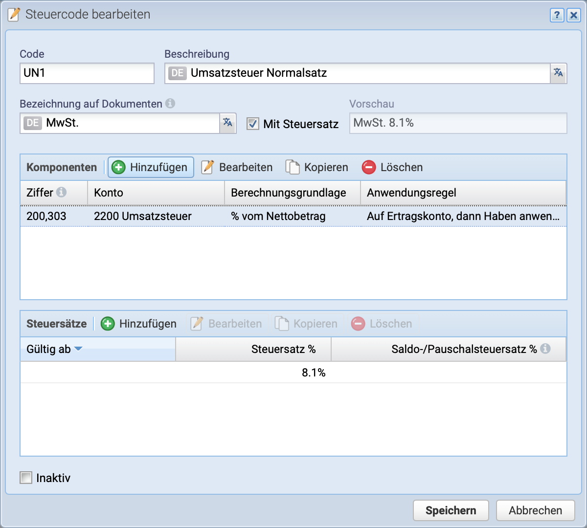 Screenshot of the Edit Tax Code dialog, where the tax rate and the configuration of the tax component(s) are set