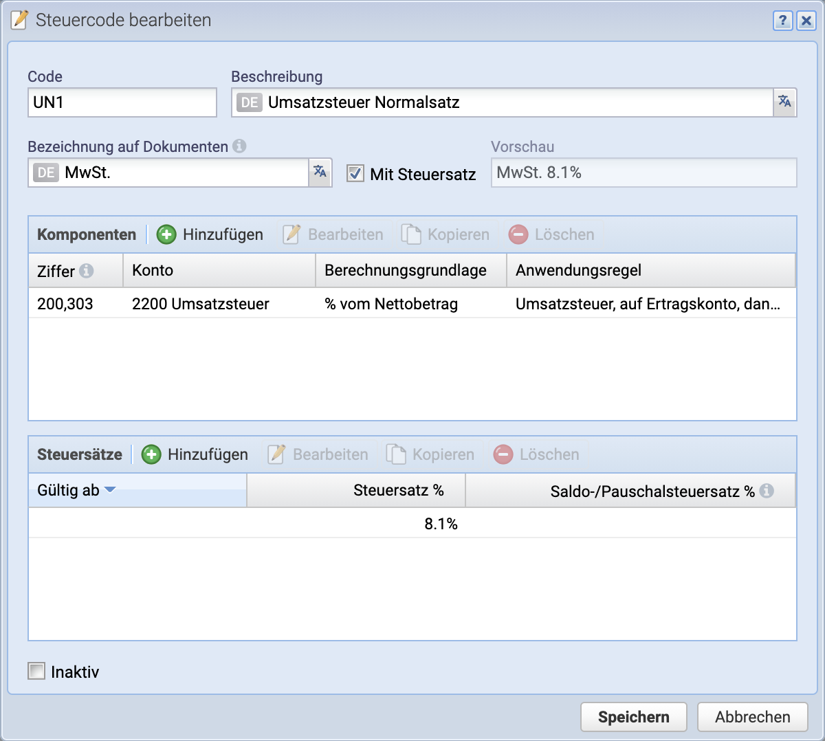 Screenshot of the Edit Tax Code dialog, where the tax rate and the configuration of the tax component(s) are set