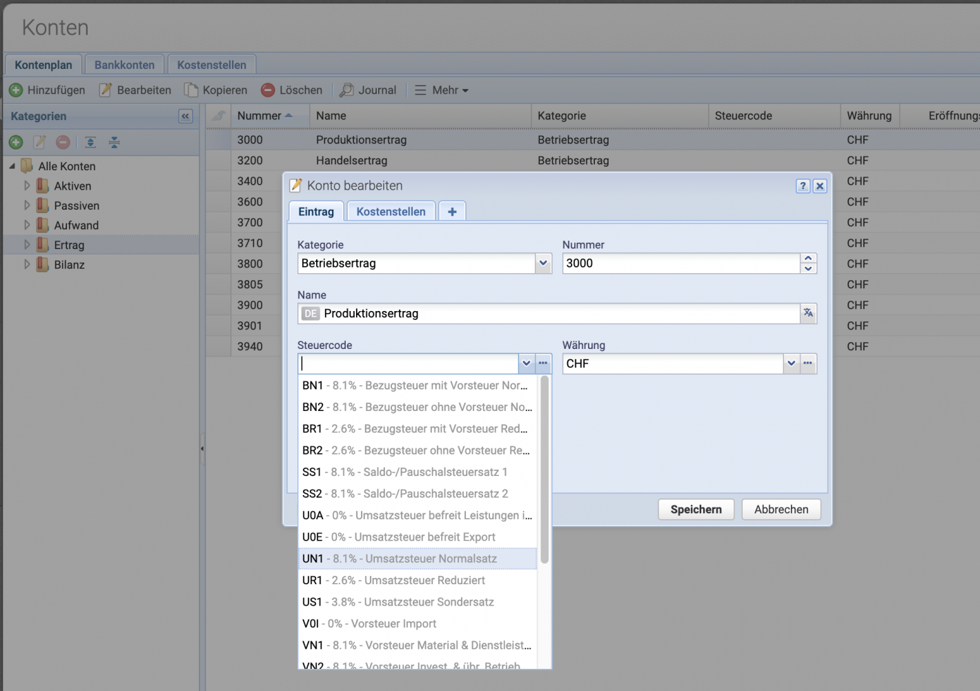 Screenshot of the Edit Account dialog, where the tax code can be entered