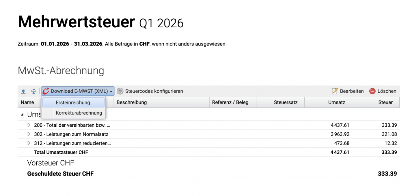 Screenshot of the VAT settlement report showing the button to download the e-VAT XML file