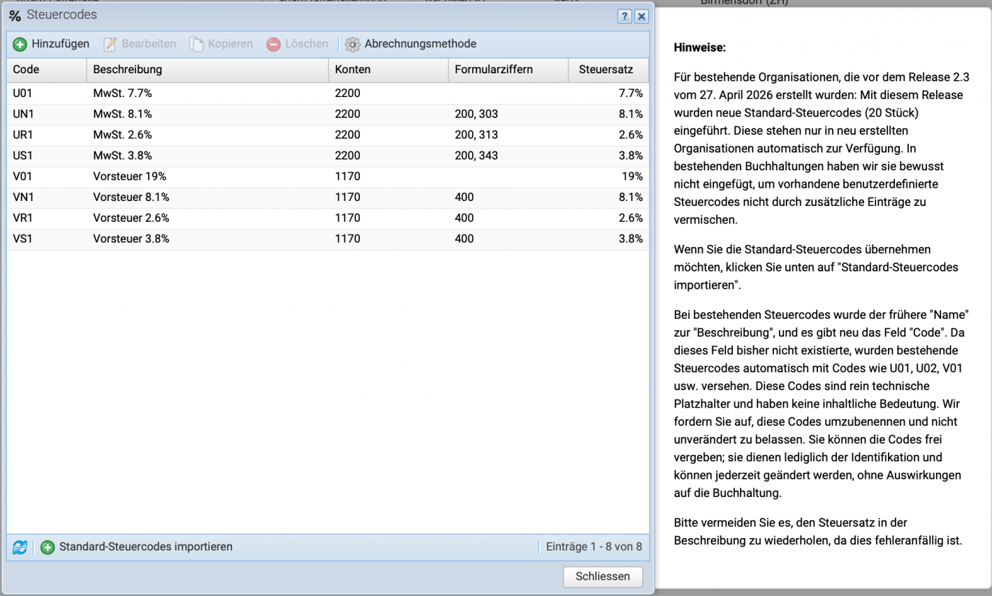 Screenshot der Steuercode &Uuml;bersicht mit dem Import Button