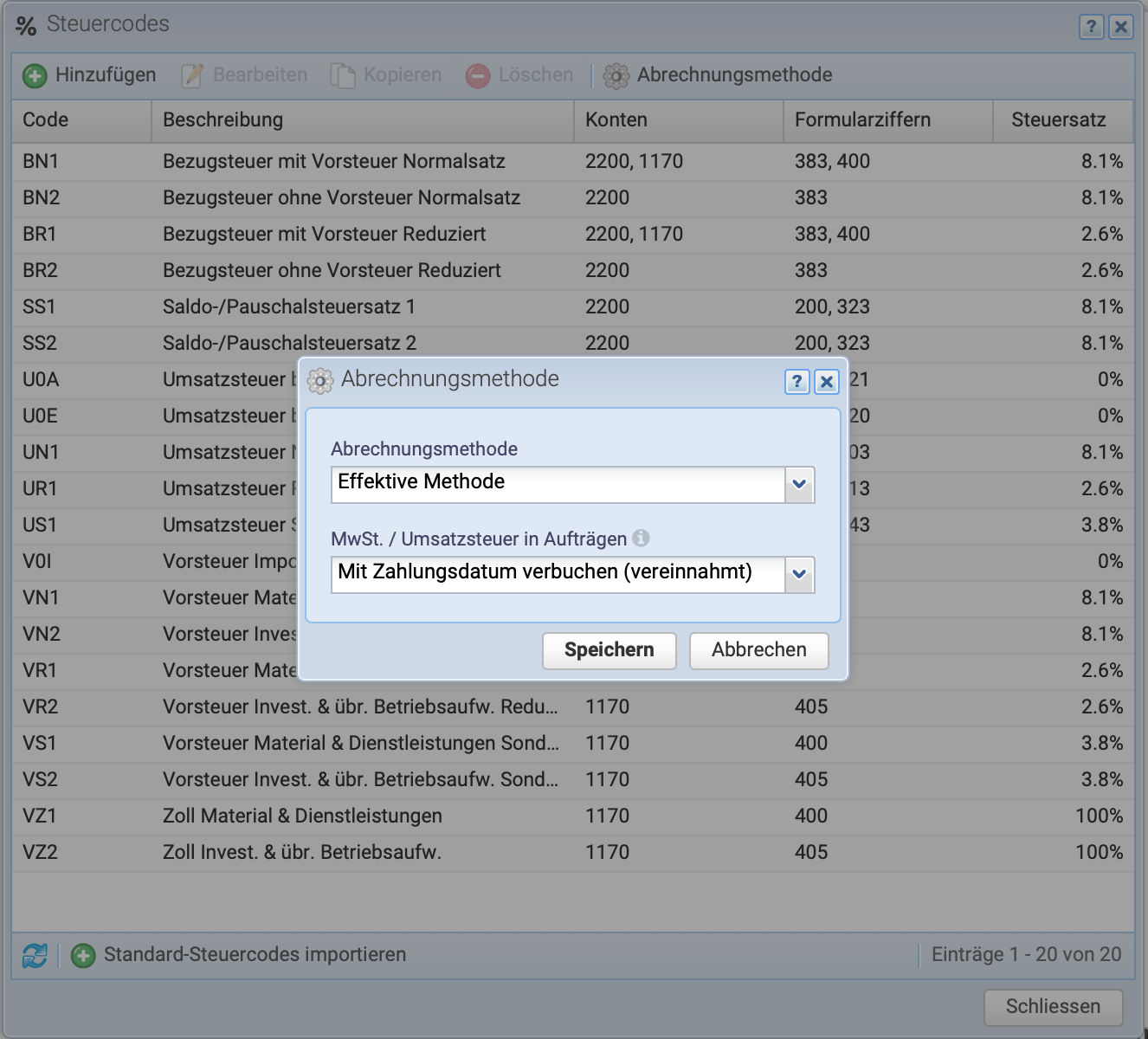 Screenshot der Steuercode &Uuml;bersicht mit der Einstellung der Abrechnungsmethode