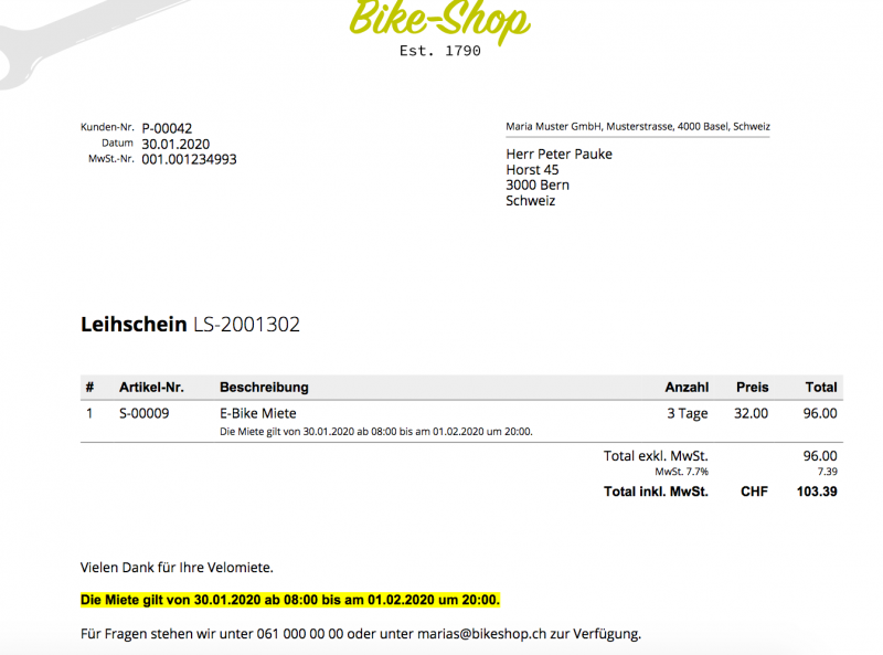 Screenshot eines Leihscheins für eine Velo Vermietung