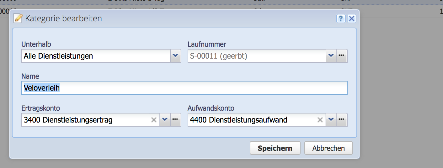 Screenshot des Hinzufügen Dialogs einer neuen Dienstleistungskategorie