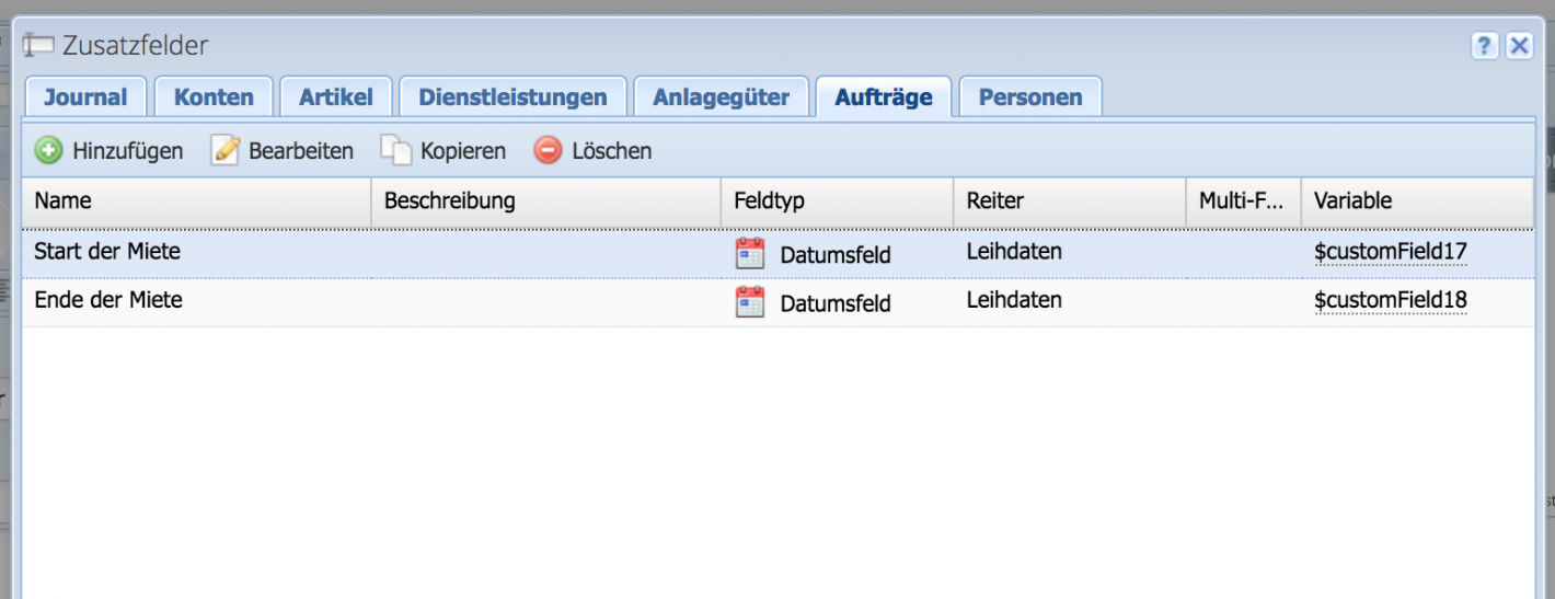 Screenshot des Zusatzfelder Dialogs