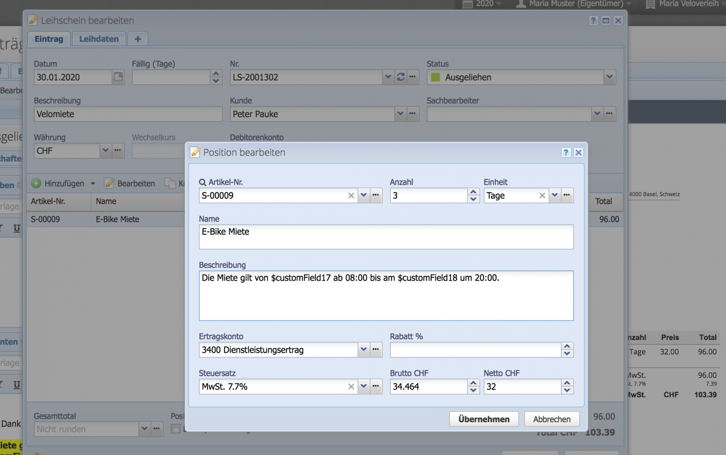 Screenshot des Bearbeiten Dialogs eines Leihscheins